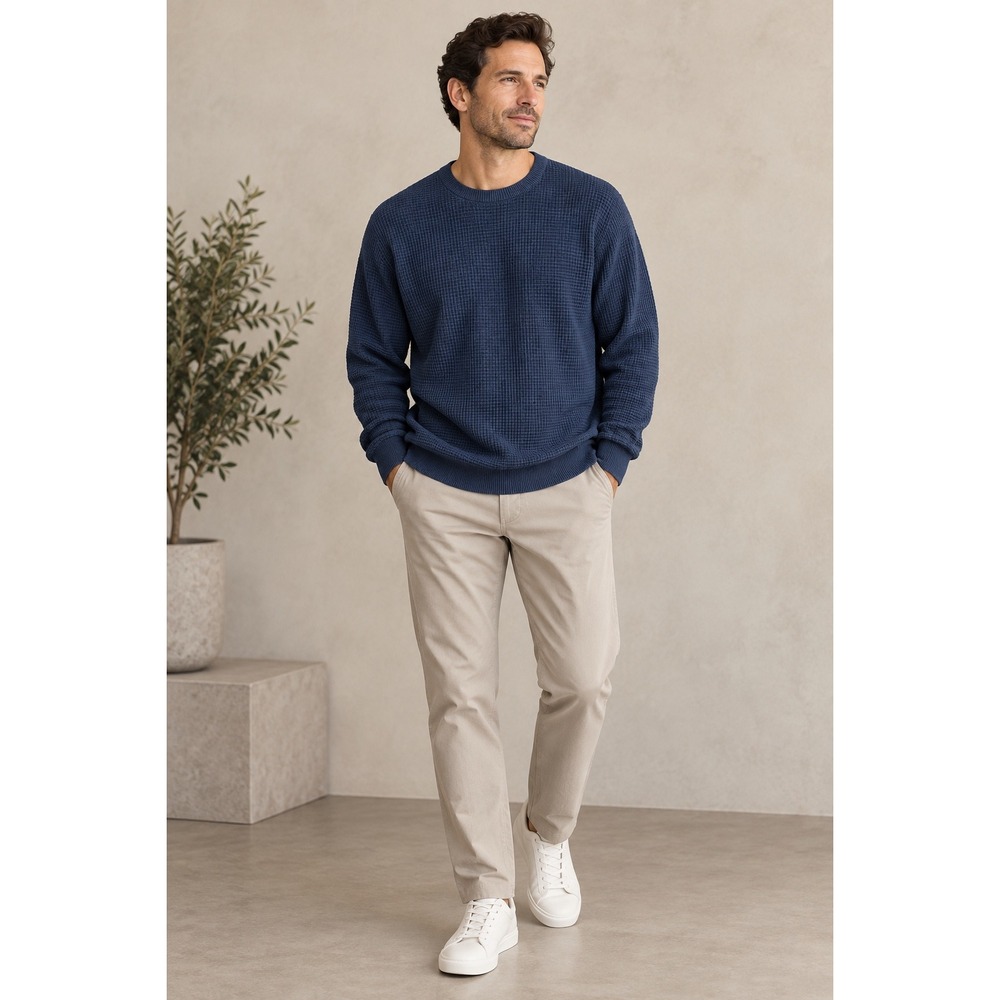 Jhane Barnes Silk Cotton Cashmere Waffle Knit Crewneck Sweater Blue XL